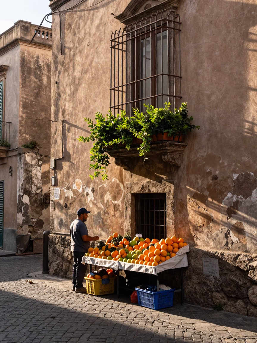 Early Morning Palermo Street Scene with Oranges and Window Boxes in in Palermo, Italy