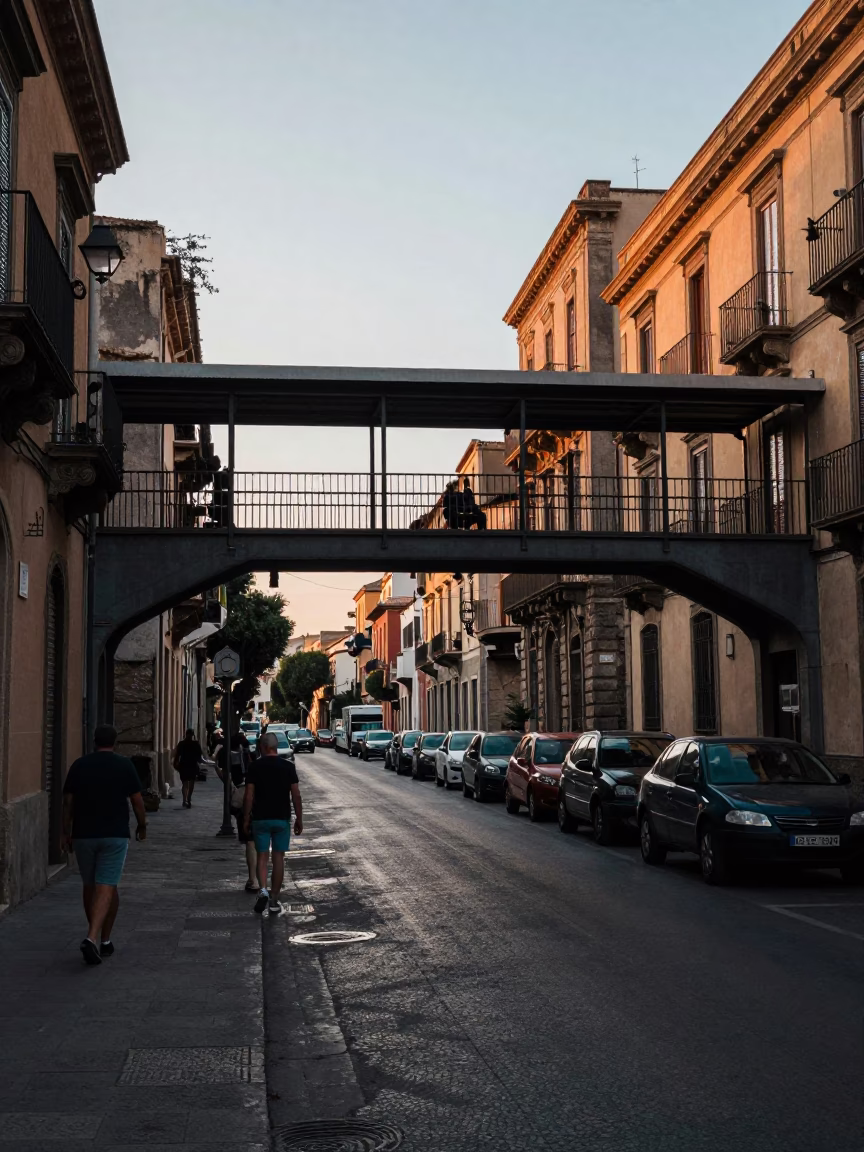 Early Morning Palermo Street Scene with Pedestrian Overpass and Wet Footsteps in in Palermo, Italy