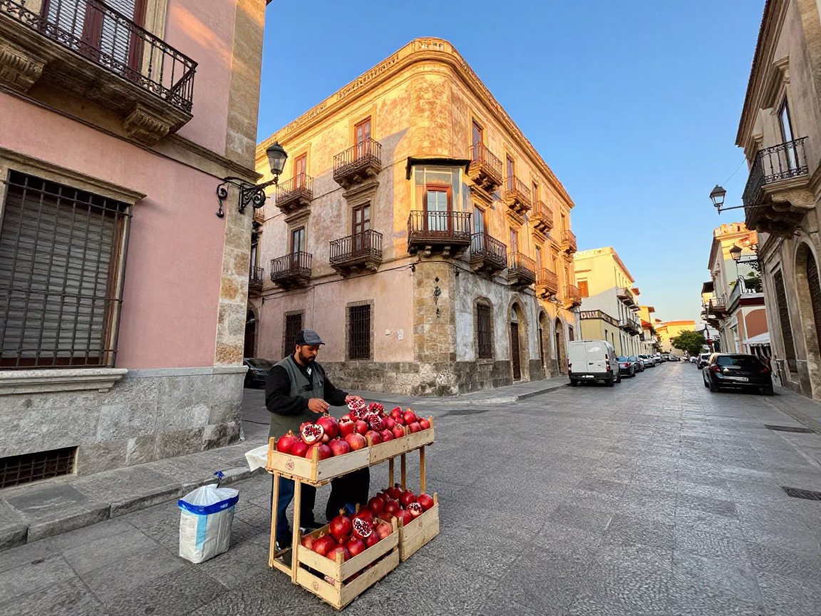 Early Morning Palermo Street Scene with Pomegranate Vendor and Local Market Activity in in Palermo, Italy
