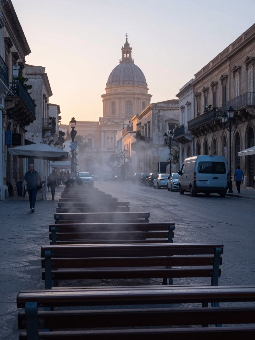 Early Morning Palermo Street Scene with Steam Haze and Local Bakery Activity Before Sunrise in in Palermo, Italy