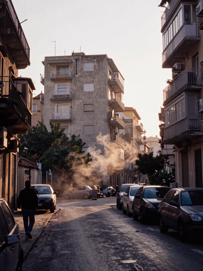 Early Morning Palermo Street Scene with Steaming District Heating Pipes and Concrete Architecture in in Palermo, Italy