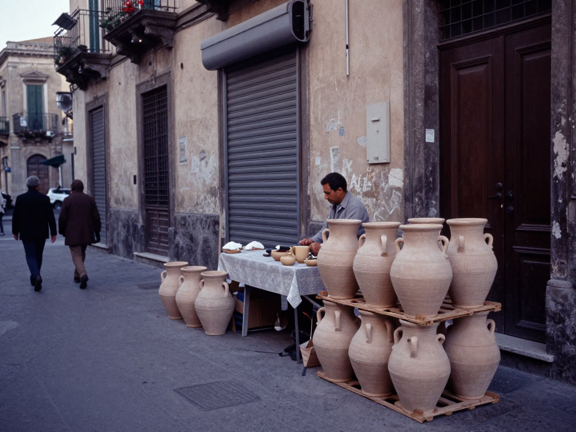 Early Morning Palermo Street Scene with Stoneware Crocks and Lantern in in Palermo, Italy