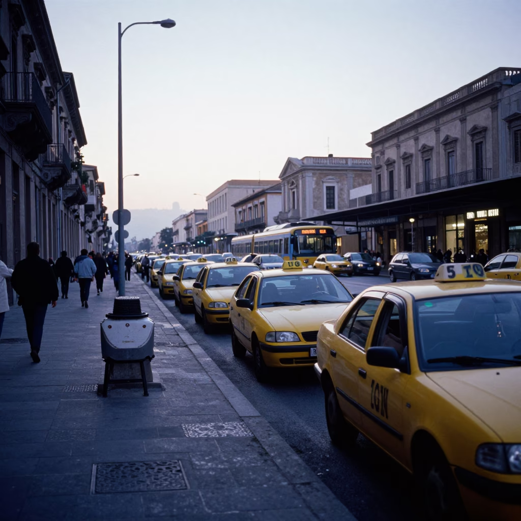 Early Morning Palermo Street Scene with Taxi Rank and Local Commerce in in Palermo, Italy