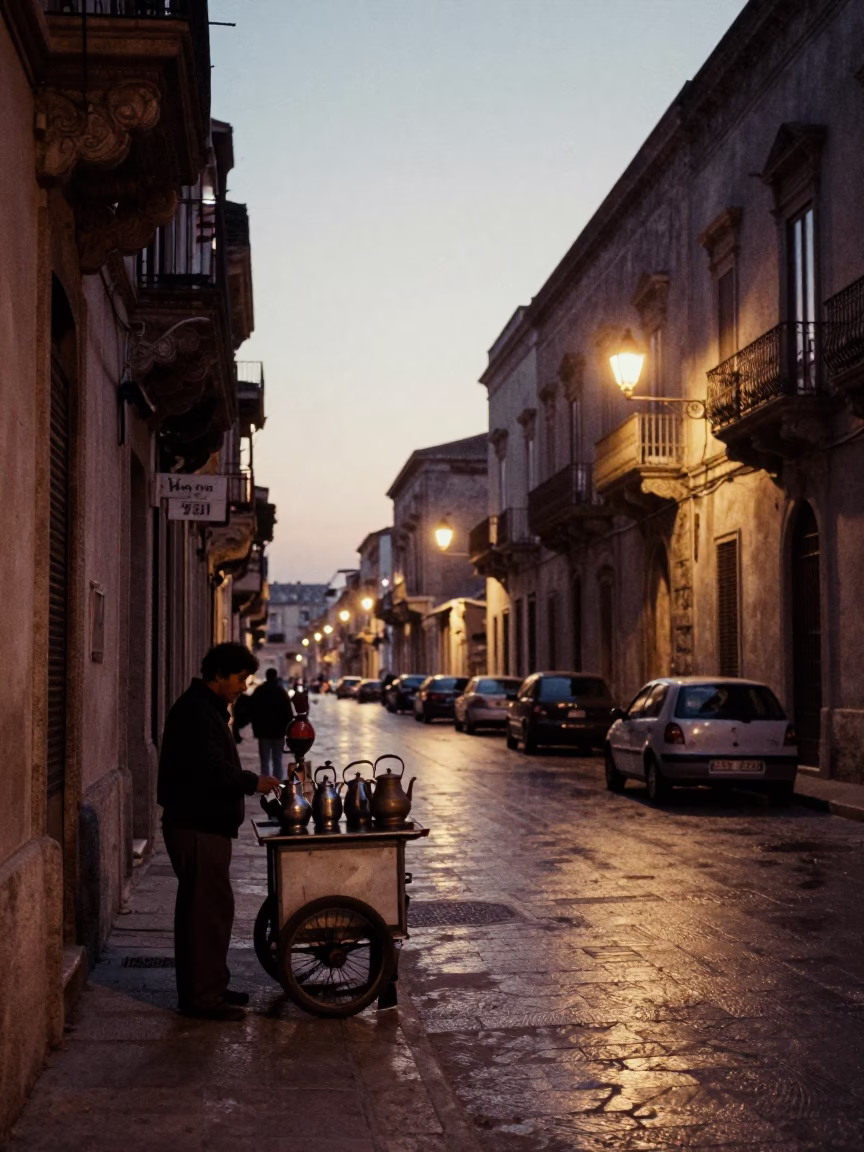 Early Morning Palermo Street Scene with Tea Kettles and Morning Dew in in Palermo, Italy