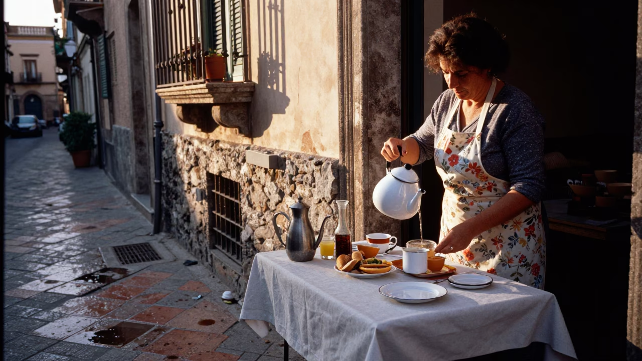 Early Morning Palermo Street Scene with Tea Stains and Local Morning Routine in in Palermo, Italy