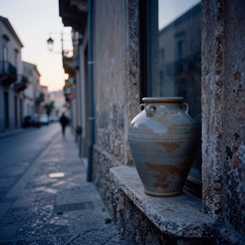 Early Morning Palermo Street Scene with Traditional Ceramic Jar and Morning Light in in Palermo, Italy