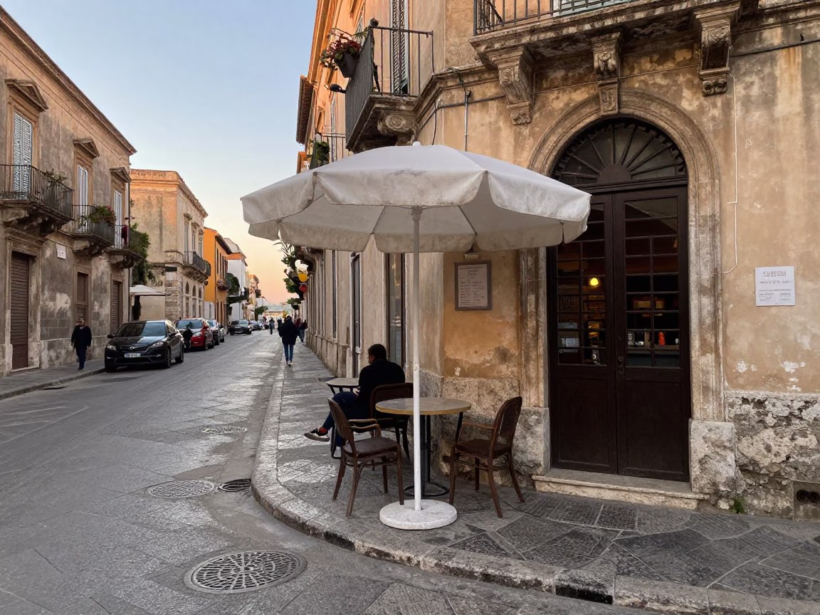 Early Morning Palermo Street Scene with Umbrella Stand and Local Life in in Palermo, Italy