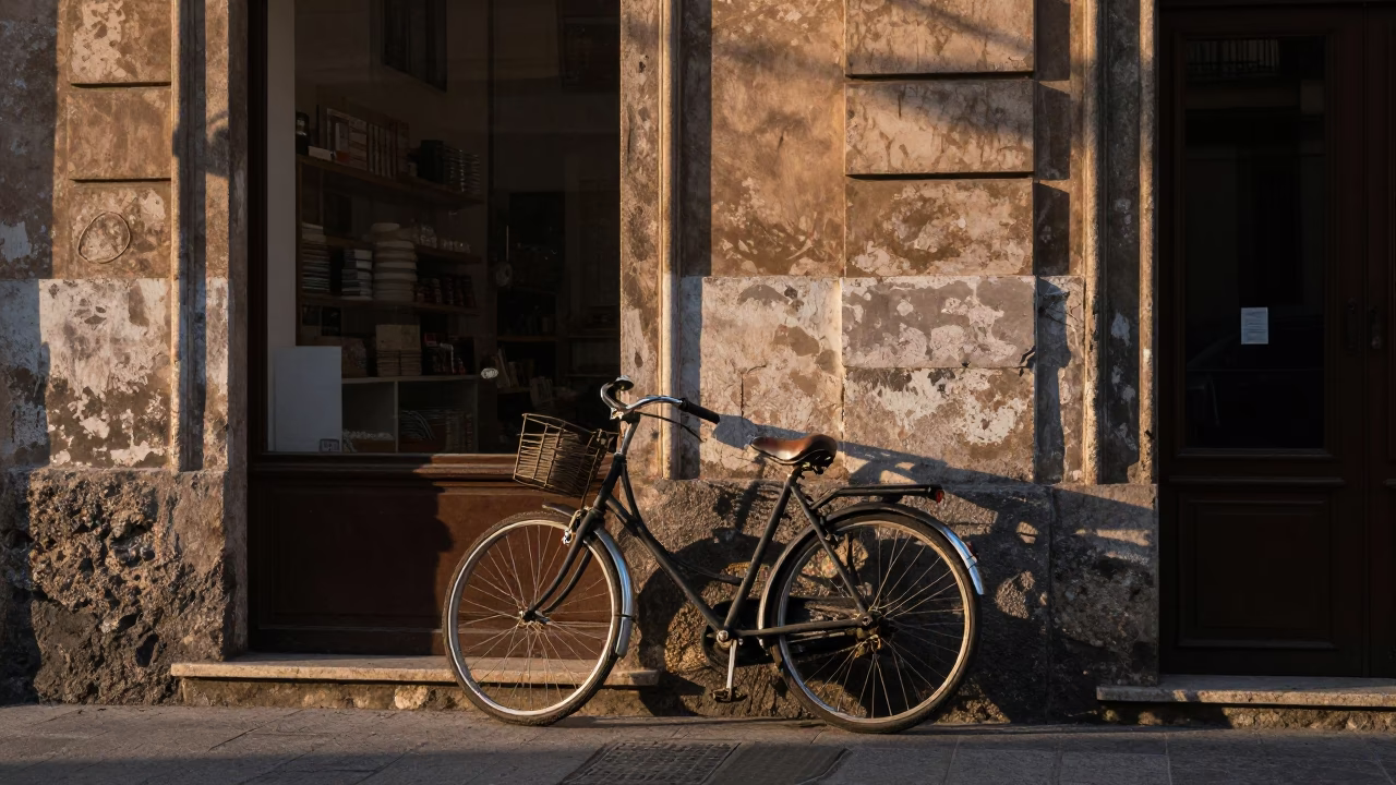 Early Morning Palermo Street Scene with Vintage Bicycle and Bakery in in Palermo, Italy