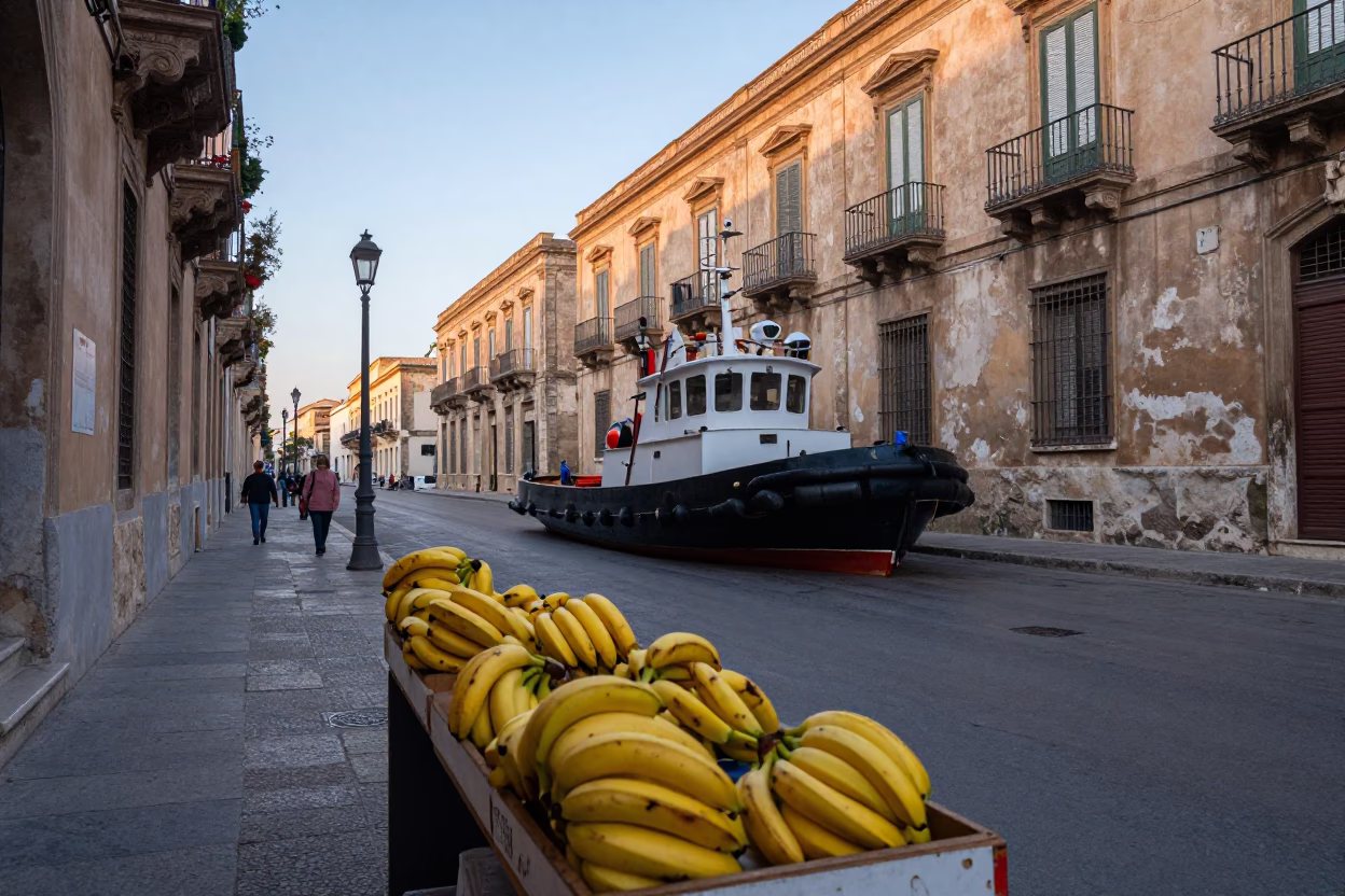 Early Morning Palermo Street Scene with Vintage Tugboat Motif on Banana Stall Sign in in Palermo, Italy