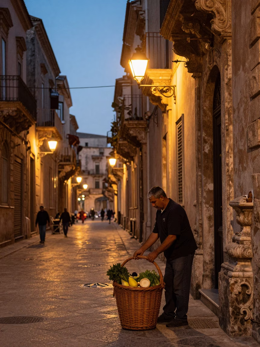 Early Morning Palermo Street Scene with Wicker Basket and Morning Light in in Palermo, Italy