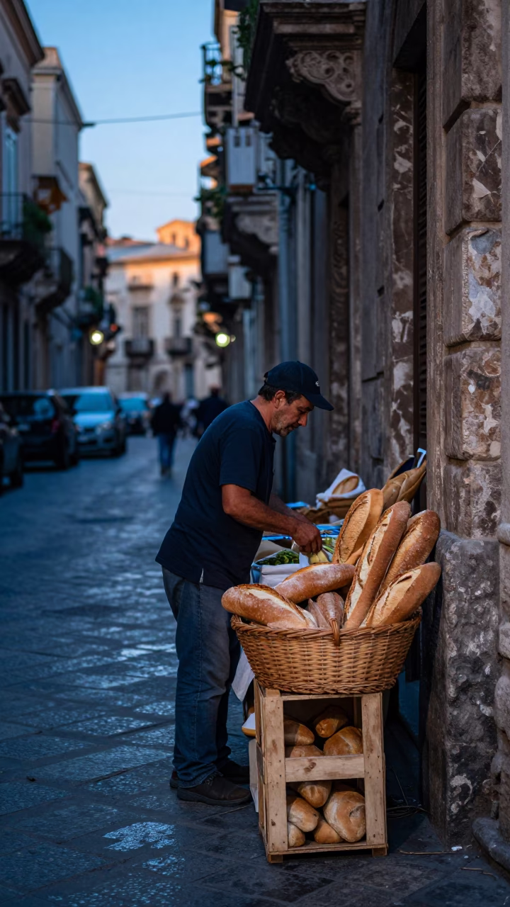 Early Morning Palermo Street Scene with Woven Bread Basket and Local Market Vendor in in Palermo, Italy