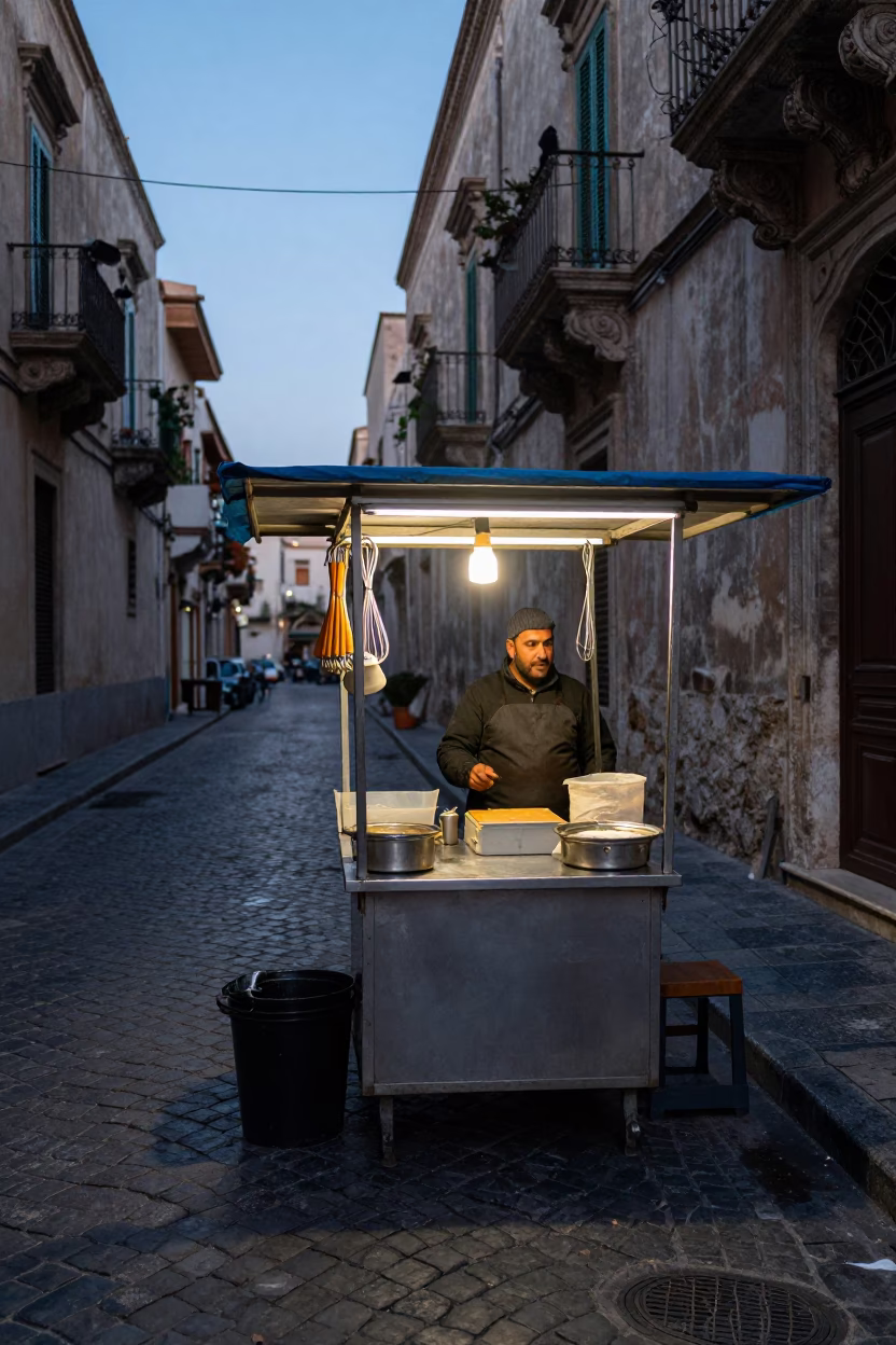 Early Morning Palermo Street Vendor Stall with Whisks and Metal Utensils in in Palermo, Italy