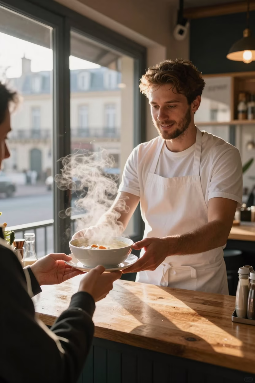 Early Morning Paris Breakfast Scene with Aprons and Condensation on Bowl Interior in in Paris, France