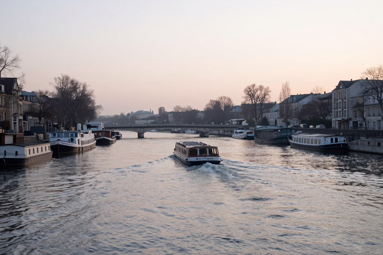 Early Morning Paris Canal Scene with Water Taxi and Houseboats Just After Sunrise in in Paris, France