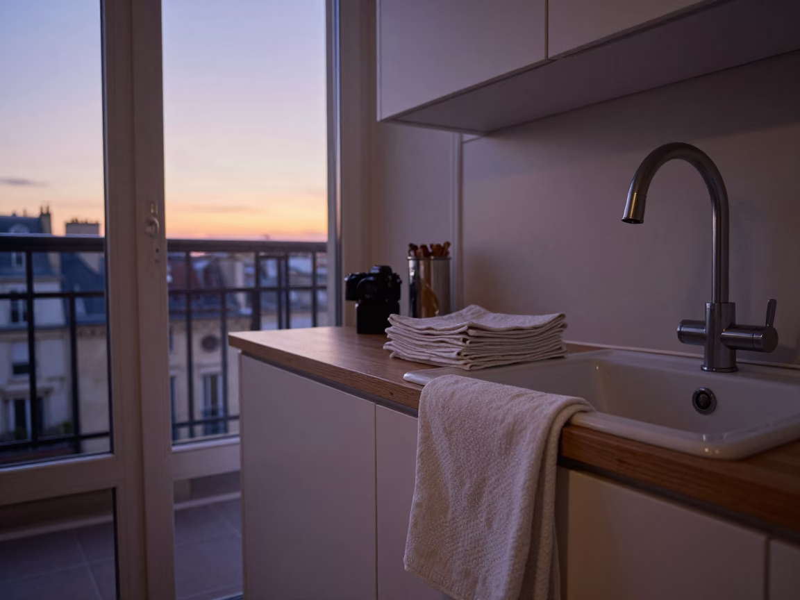 Early Morning Paris Kitchen Counter with Drying Towels and Flowerpot in in Paris, France