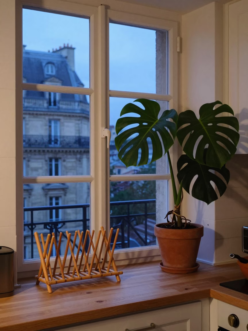 Early Morning Paris Kitchen Scene with Houseplants and Vanilla Bean Curing Rack Before Dawn in in Paris, France