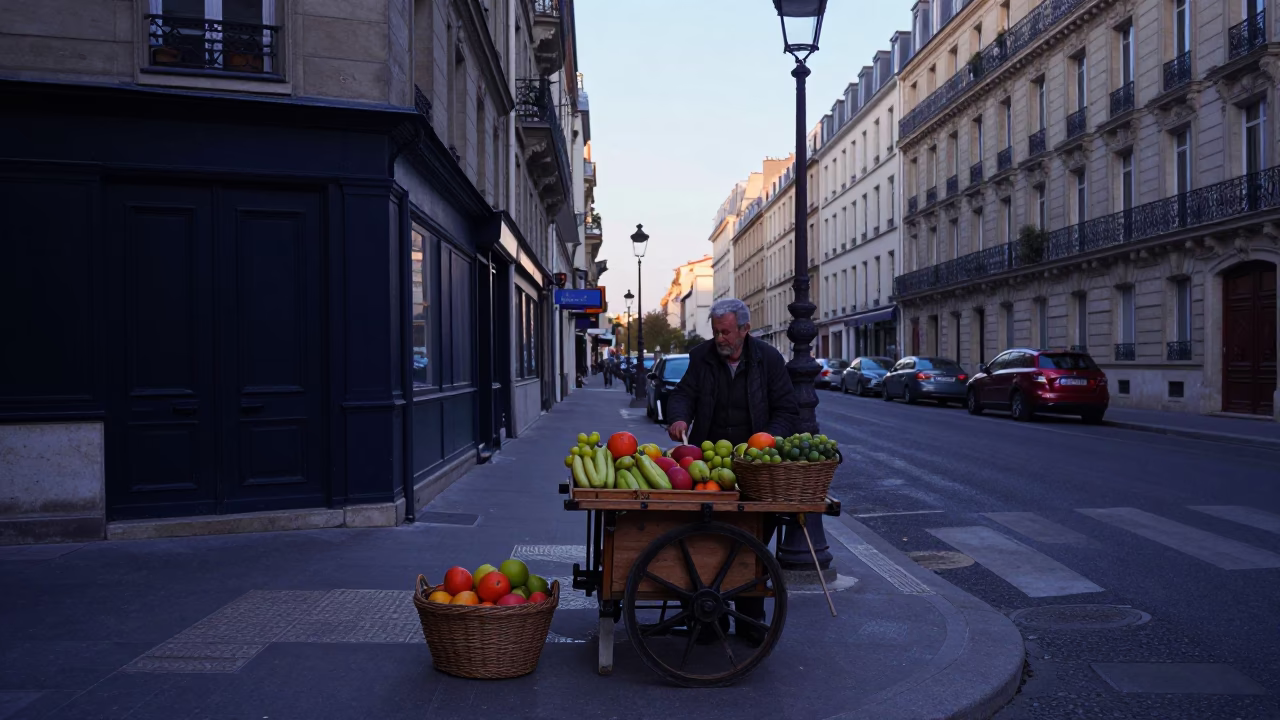Early Morning Paris Street Scene with Basket and Fruit Before Sunrise in in Paris, France