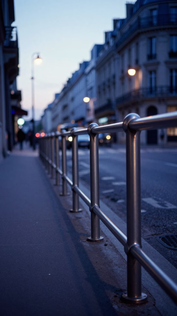 Early morning Paris street scene with brushed steel rail and candid local interaction in in Paris, France