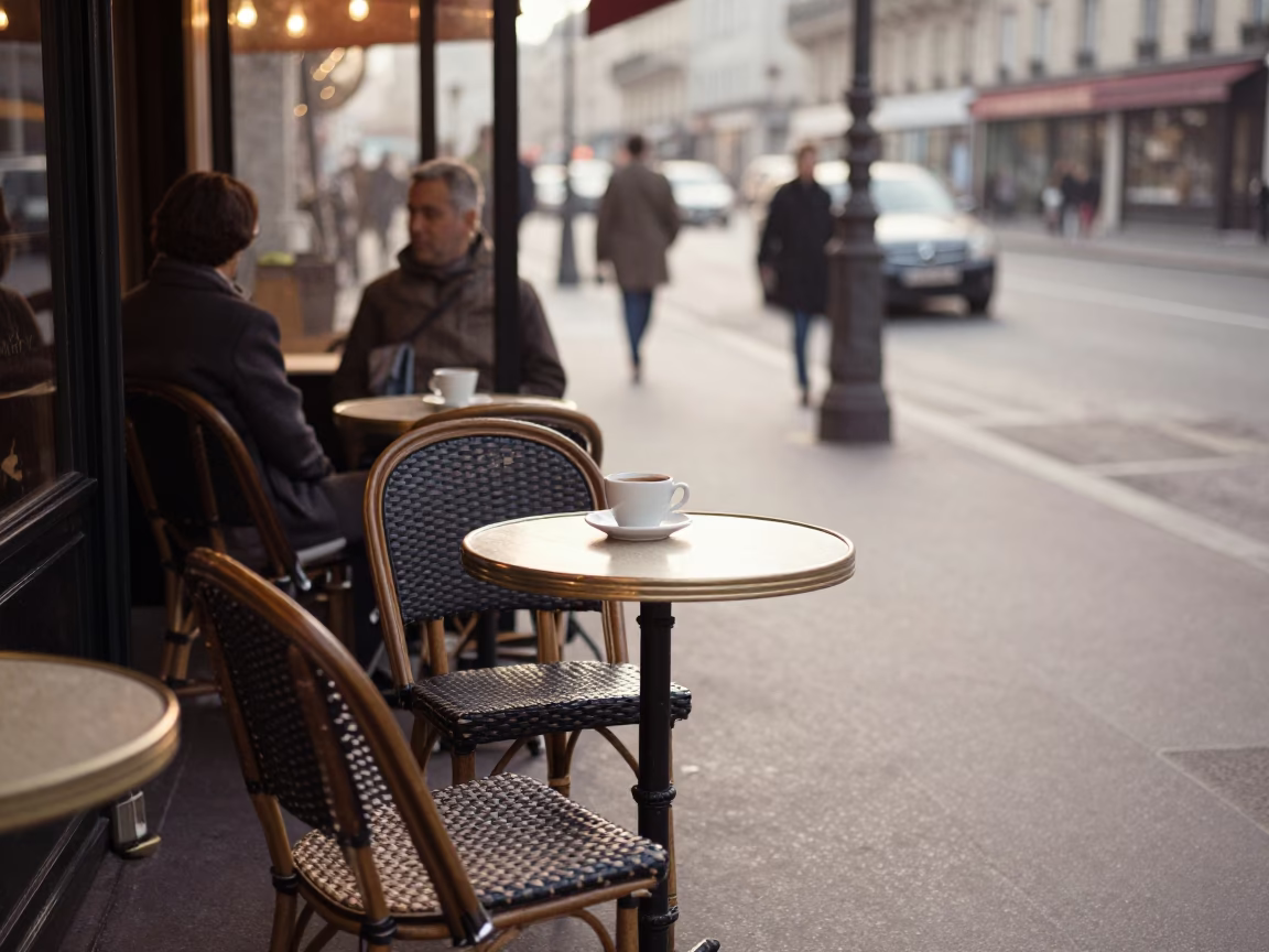 Early Morning Paris Street Scene with Café Table and Coffee Cup in in Paris, France