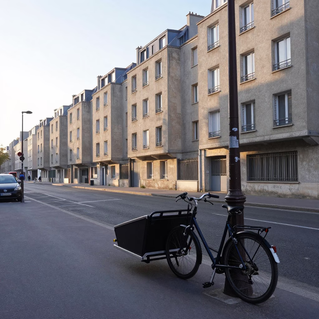 Early Morning Paris Street Scene with Cargo Bicycle and Concrete Apartment Blocks in in Paris, France