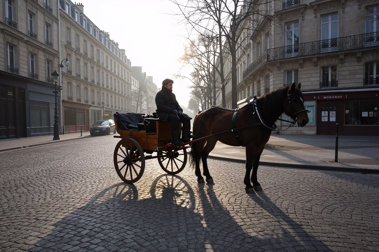 Early Morning Paris Street Scene with Cobblestones and Horse Cart in in Paris, France