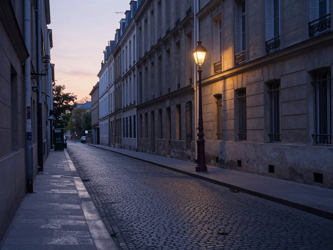 Early Morning Paris Street Scene with Cobblestones and Vintage Bicycles Before Sunrise in in Paris, France