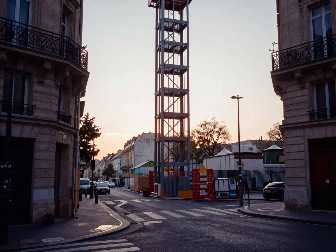 Early Morning Paris Street Scene with Construction Elevator and Rebar Bundles in in Paris, France