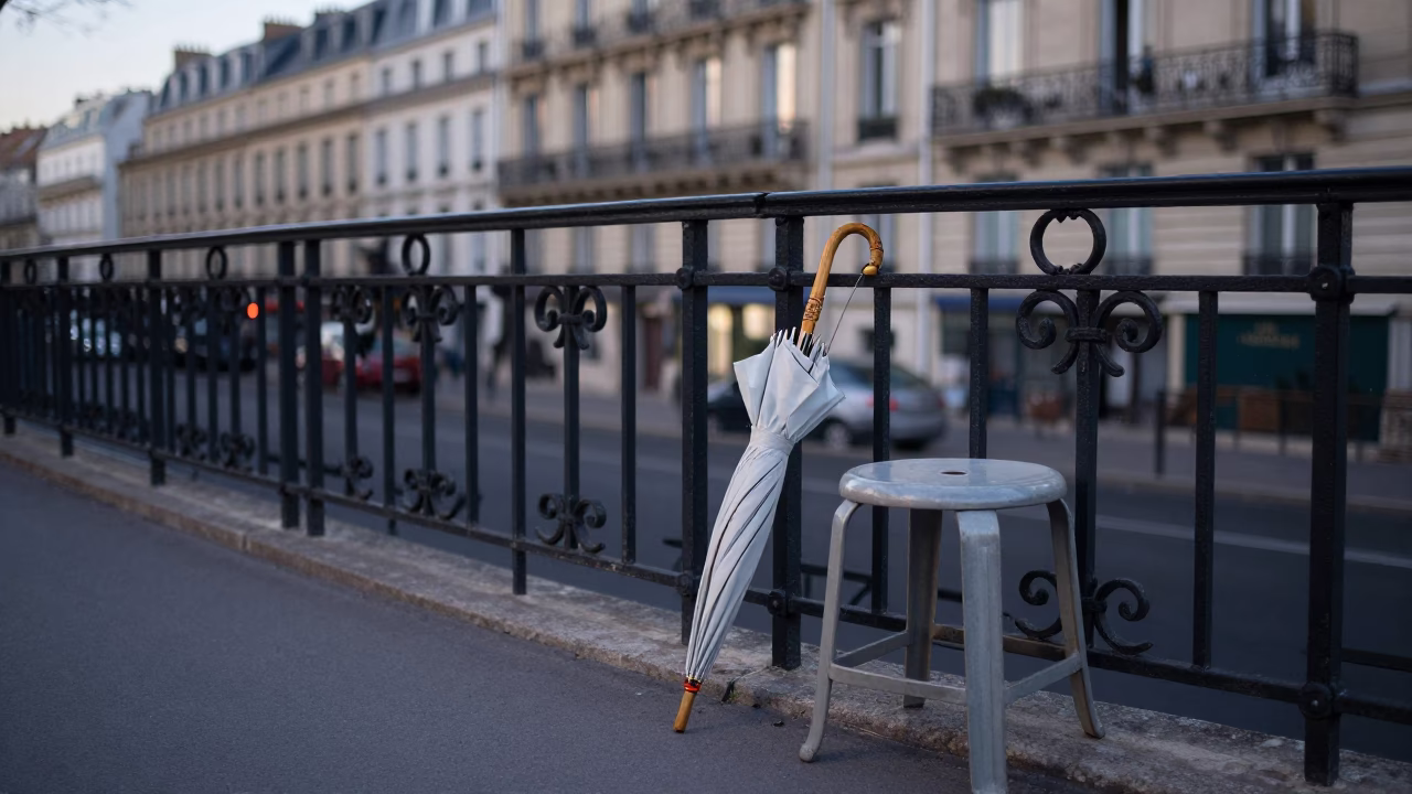 Early Morning Paris Street Scene with Folded Parasol and Kitchen Stool Near Cafe in in Paris, France
