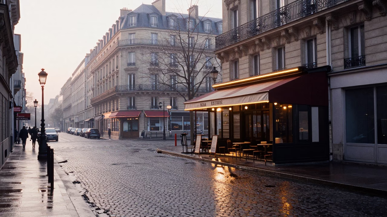 Early Morning Paris Street Scene with Grease Sheen on Basin and Dust Mop in in Paris, France