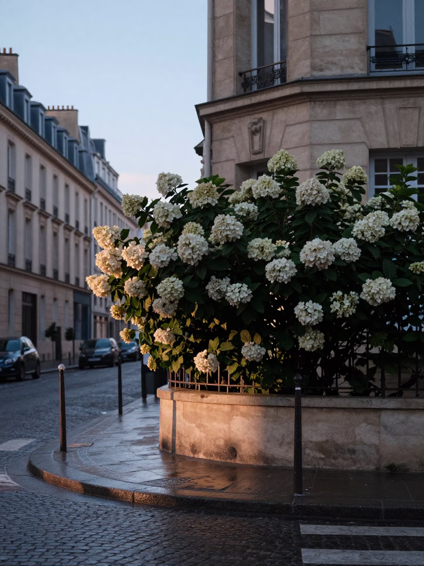 Early Morning Paris Street Scene with Hydrangea Bush and Cobblestone Sidewalk Before Sunrise in in Paris, France