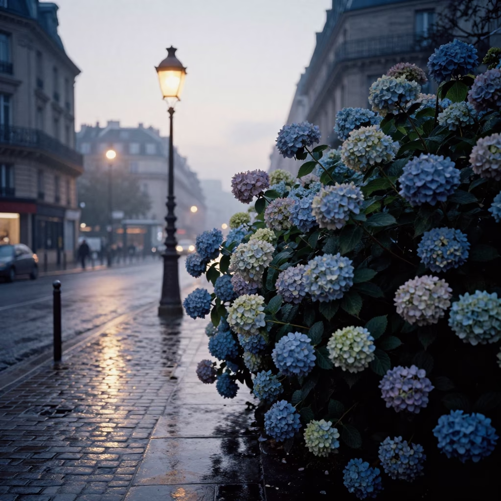 Early Morning Paris Street Scene with Hydrangea Bush and Fountain Spray Before Dawn in in Paris, France