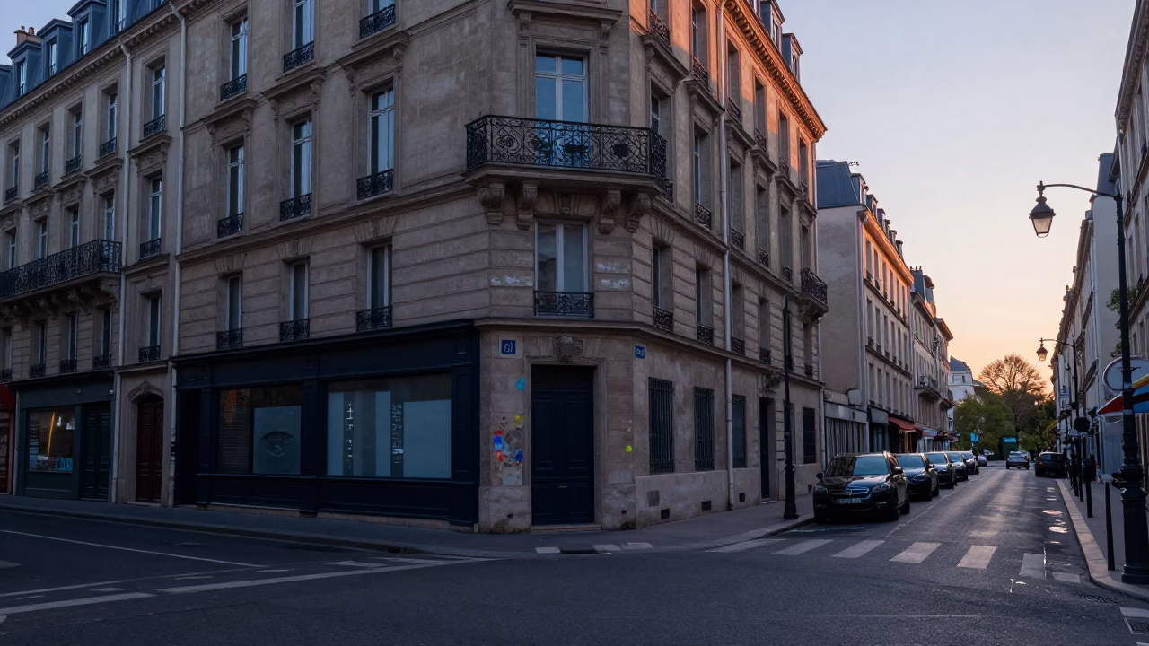 Early Morning Paris Street Scene with Paint Flecks and Wreath Before Sunrise in in Paris, France