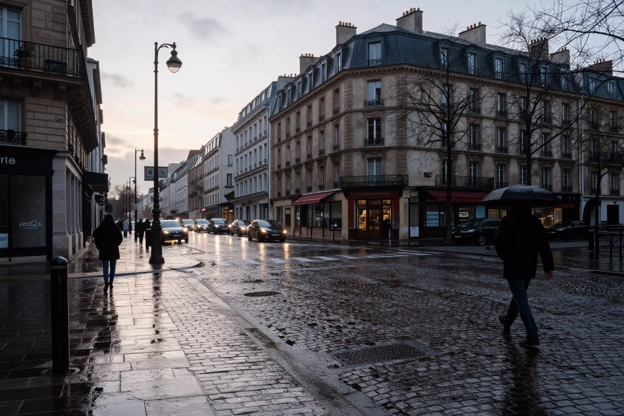 Early Morning Paris Street Scene with Rain-Slicked Cobblestones and Wet Window Reflections in in Paris, France