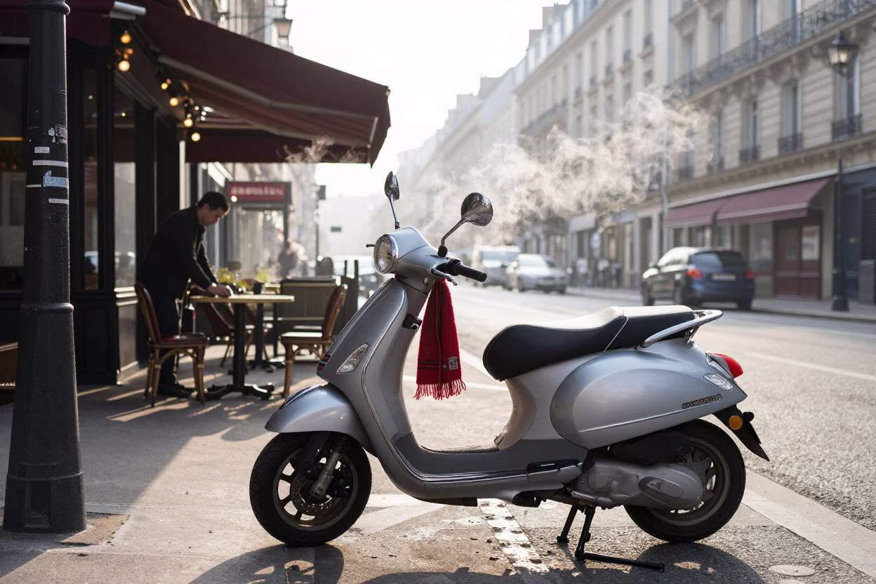 Early Morning Paris Street Scene with Scooter and Scarf in 1990s France in in Paris, France