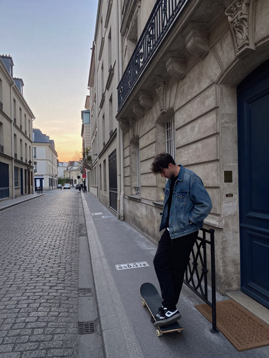 Early Morning Paris Street Scene with Skateboard and Doormat at Sunrise in in Paris, France