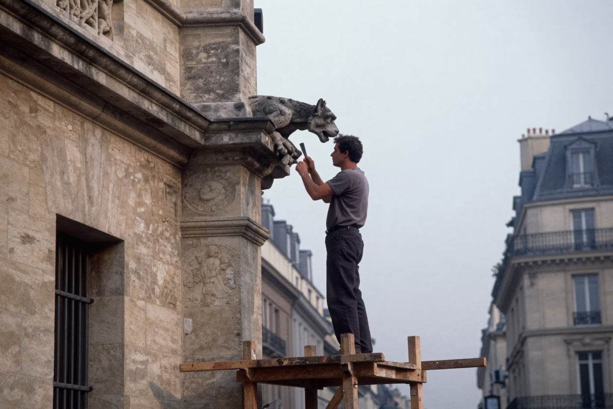 Early Morning Paris Street Scene with Stone Mason Chiseling Gargoyle on Cathedral Scaffold in in Paris, France