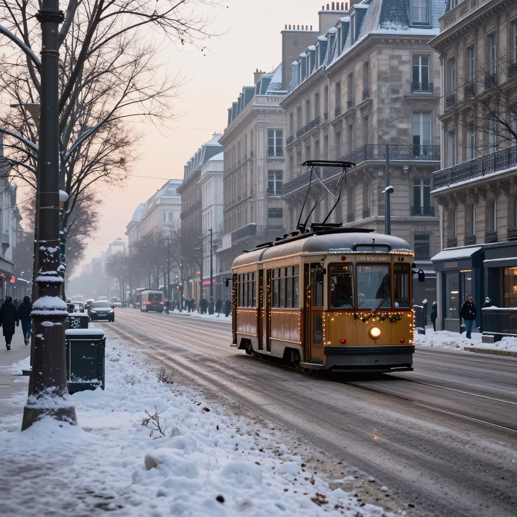 Early Morning Paris Street Scene with Tramcar and Snowy Avenue Atmosphere in in Paris, France