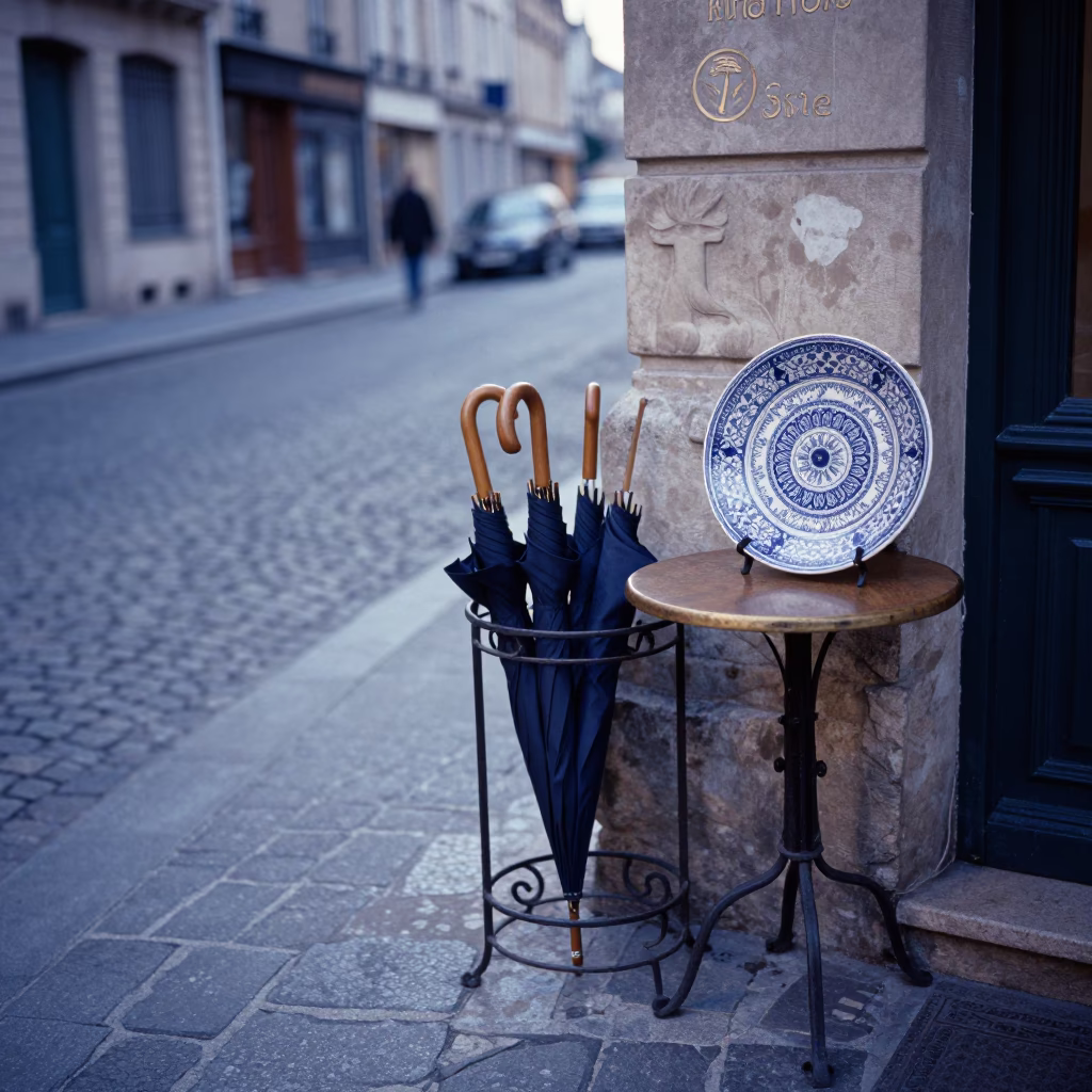Early Morning Paris Street Scene with Umbrella Stand and Vintage Majolica Plate in in Paris, France
