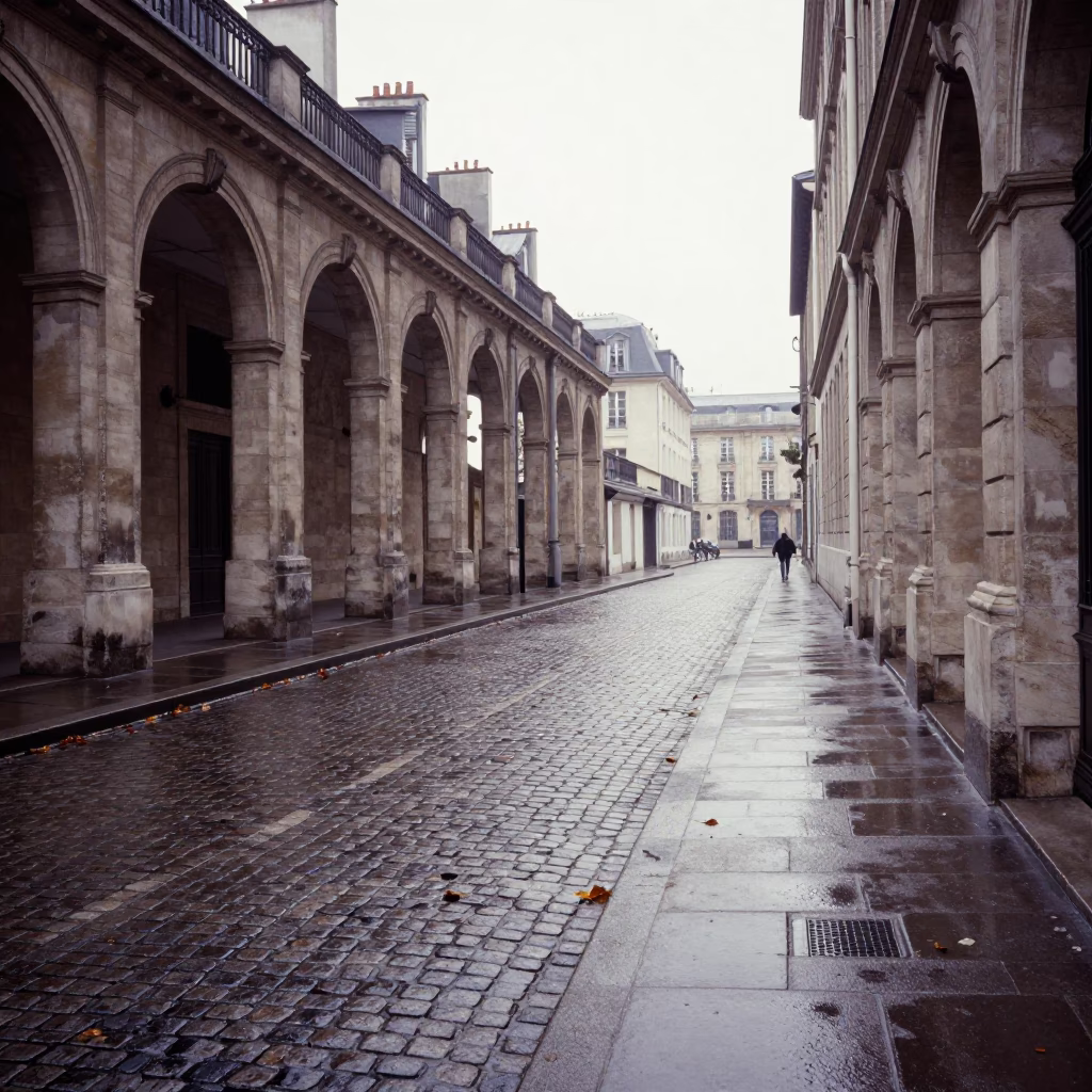 Early Morning Paris Street Scene with Vintage 1970s Aesthetic and Local Market Details in in Paris, France