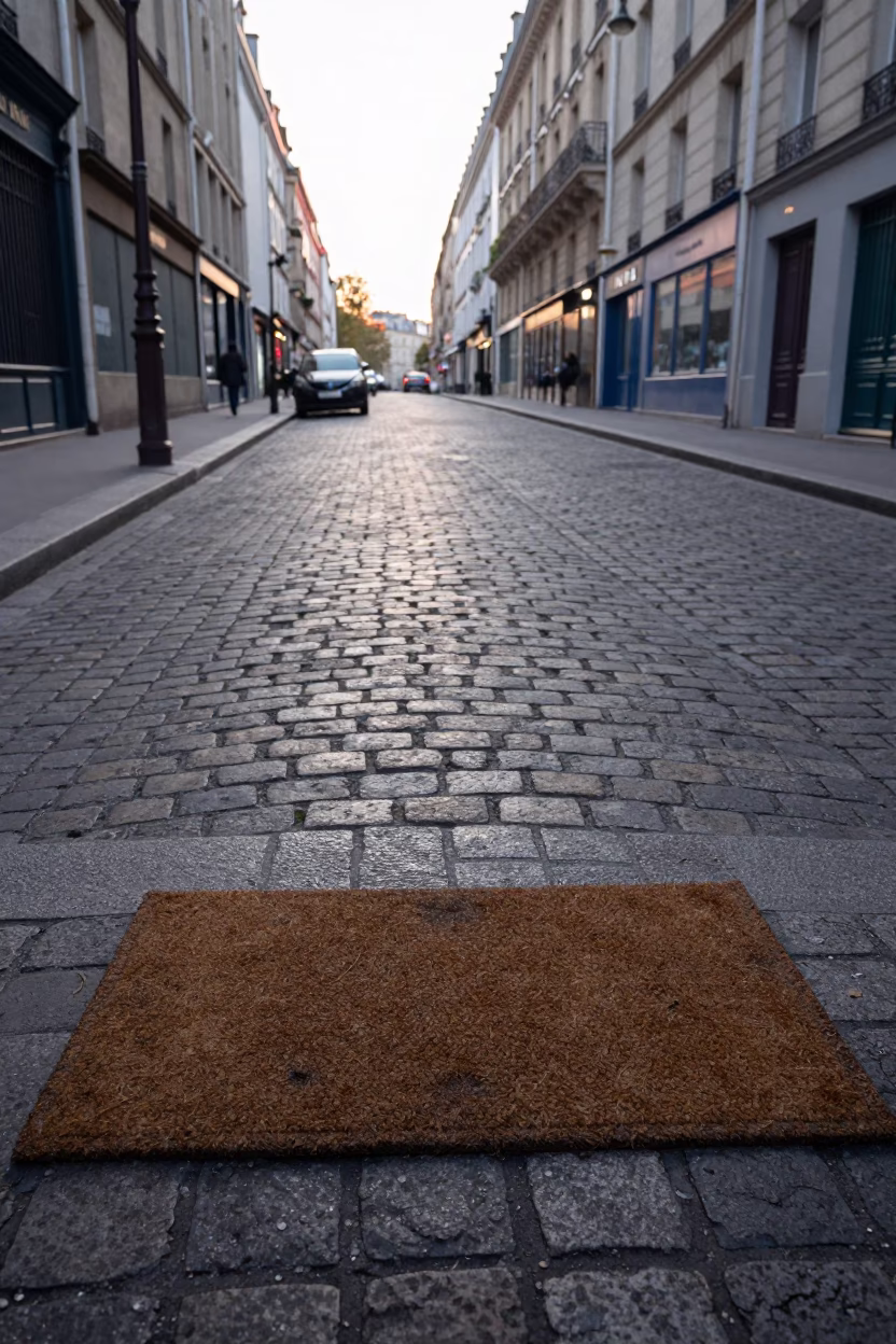 Early Morning Paris Street Scene with Vintage Doormat and Onions in in Paris, France