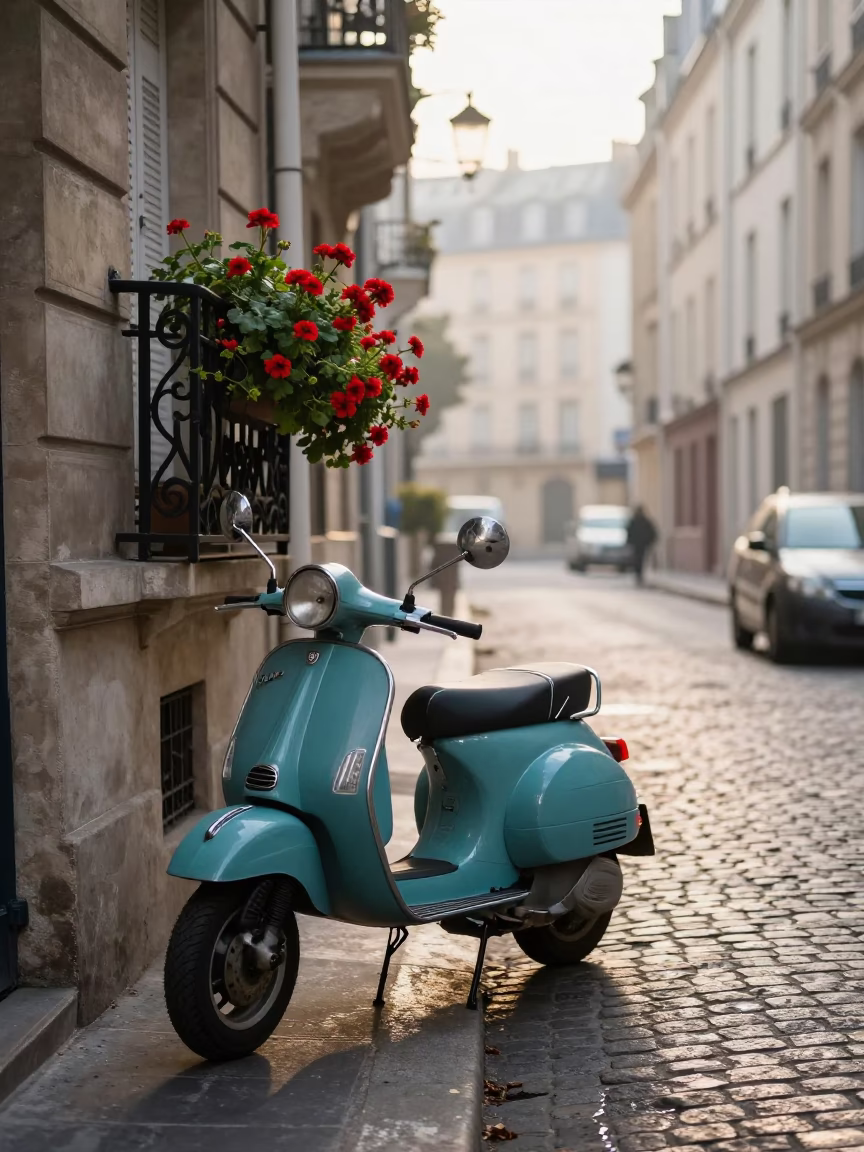 Early Morning Paris Street Scene with Vintage Scooter and Local Bakery Display in in Paris, France