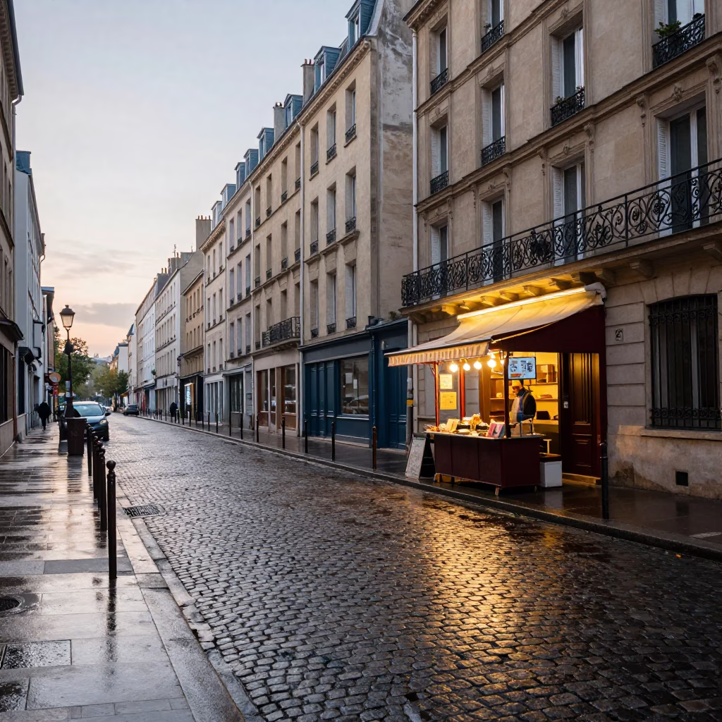 Early Morning Paris Street Scene with Wet Cobblestones and Local Market Activity in in Paris, France