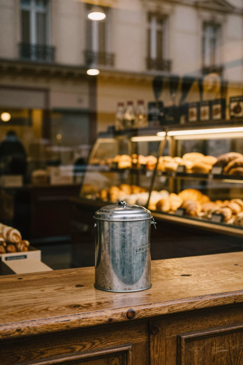 Early Morning Parisian Bakery Counter with Coffee Tin and Steam Before Dawn in in Paris, France