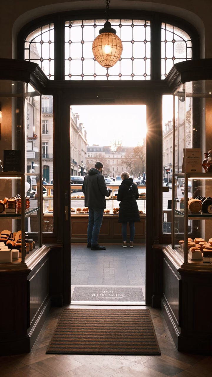 Early Morning Parisian Bakery Interior with Doormat and Ceramic Teacups in in Paris, France