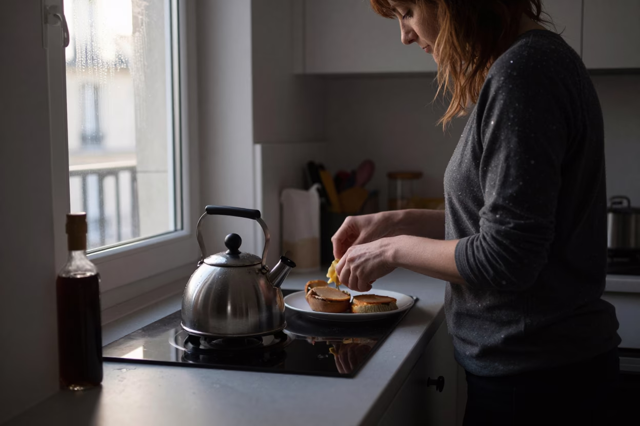 Early Morning Parisian Kitchen Scene with Condensation on Kettle Lid in in Paris, France