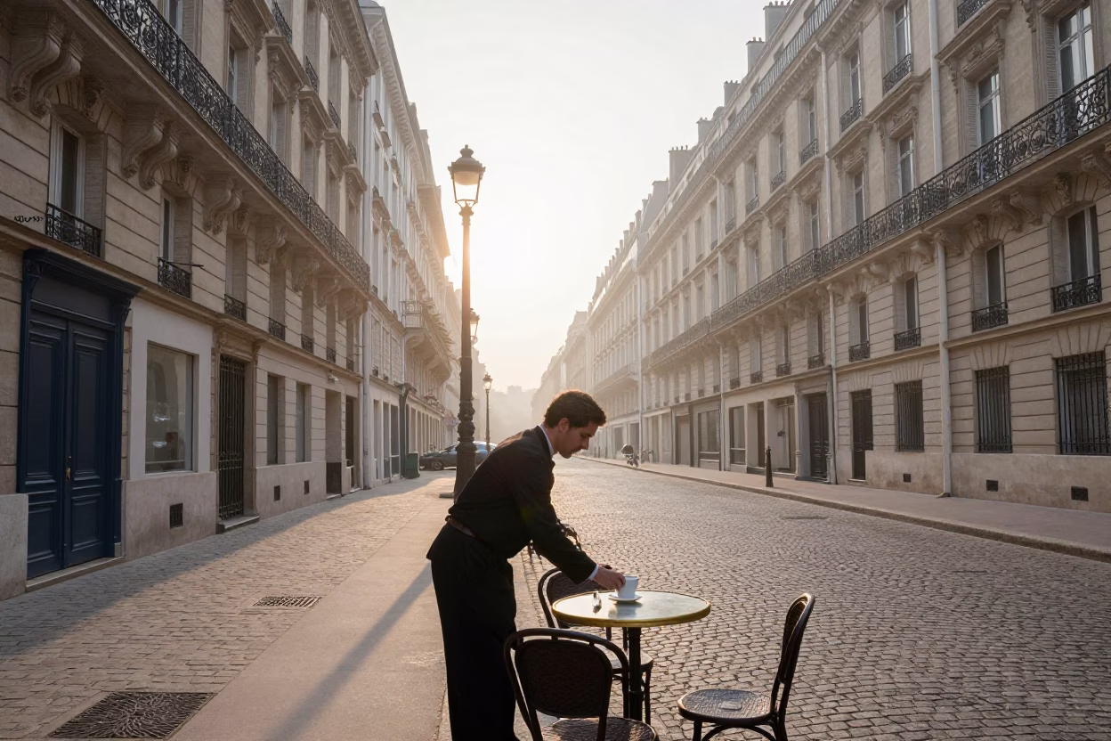 Early Morning Parisian Street Scene with Brass Escutcheon and Coffee Cup Detail in in Paris, France