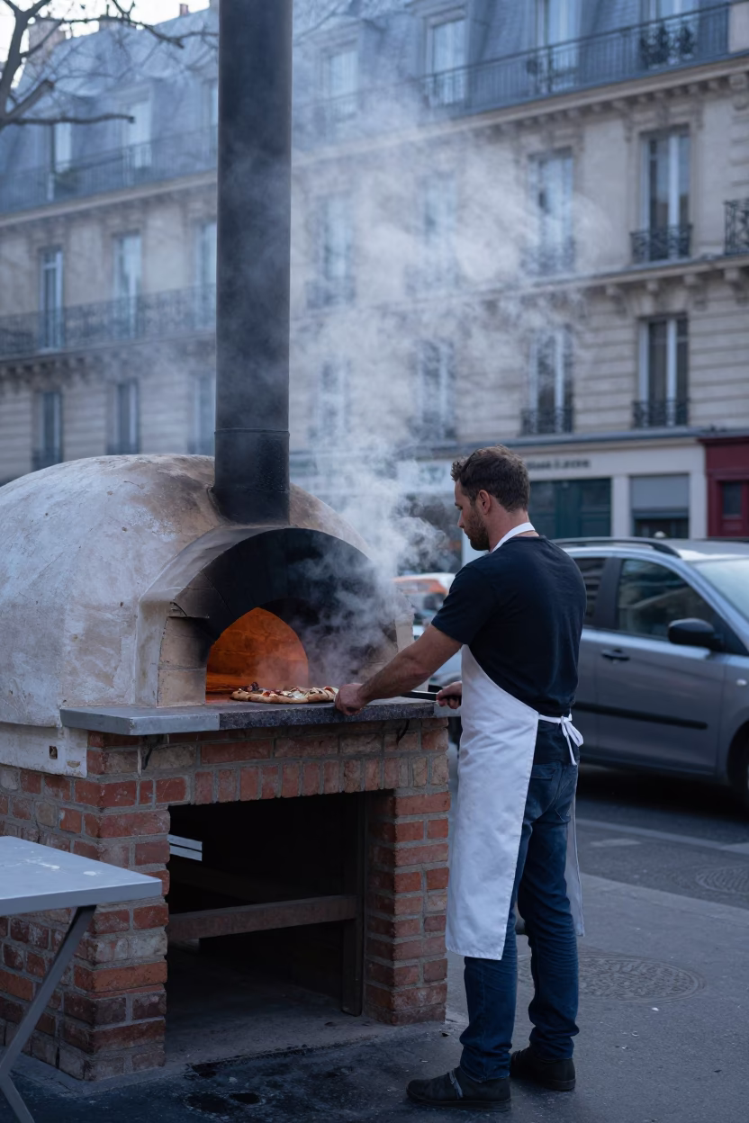 Early Morning Parisian Street Scene with Brick Oven and Glass Tumbler in in Paris, France