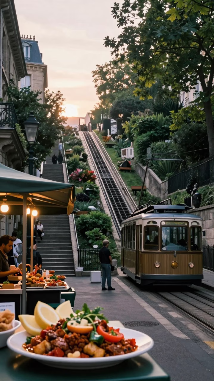 Early Morning Parisian Street Scene with Funicular and Steam Haze in in Paris, France