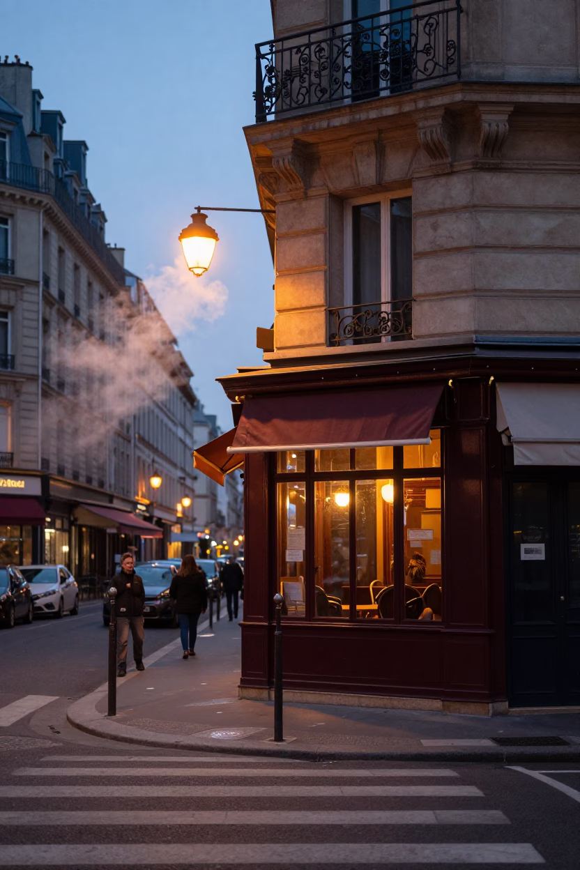 Early Morning Parisian Street Scene with Steam and Coffee Cup Before Dawn in in Paris, France