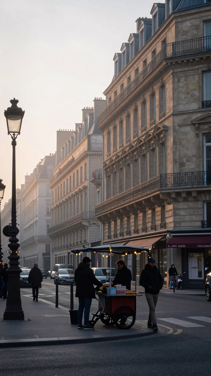 Early Morning Parisian Street Scene with String Lights and Stone Architecture in in Paris, France